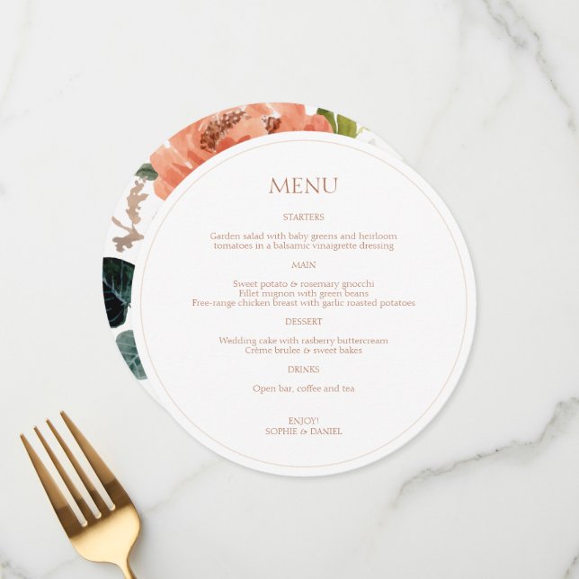 Floral Couple Initials Round White Wedding Menu (Front/Back In Situ)