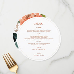 Floral Couple Initials Round White Wedding Menu