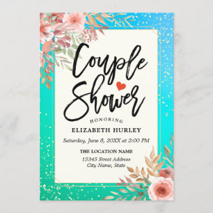 Floral Couple Shower / Bridal Shower Teal Gold Dot Invitation