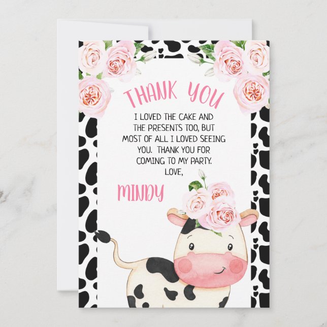 Floral Cow and Cow Print Birthday Thank You Card (Front)