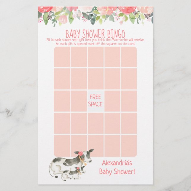 Floral Cow Baby Shower Bingo Game (Front)
