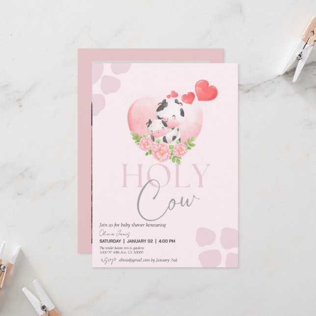 Floral cow blush pink baby girl shower invitation (Front/Back In Situ)