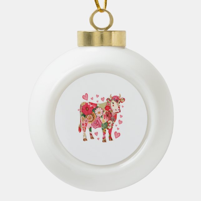 Floral Cow , Cute Cow Design  Ceramic Ball Christmas Ornament (Front)