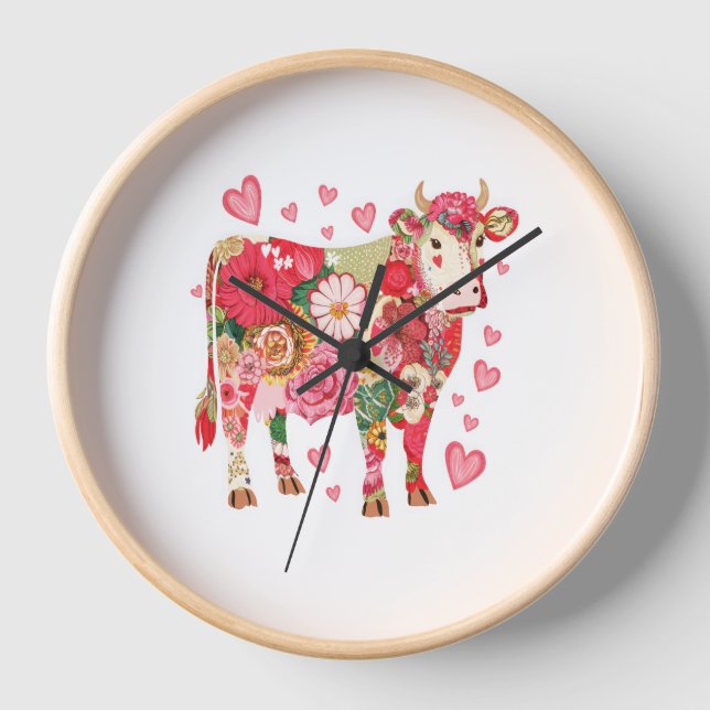 Floral Cow , Cute Cow Design  Clock (Front)