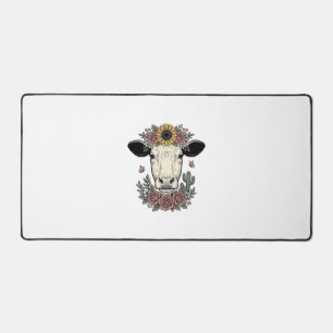 Floral Cow Head Vintage Engraving Design_1 Desk Mat