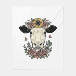 Floral Cow Head Vintage Engraving Design_1 Fleece Blanket