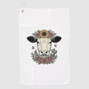 Floral Cow Head Vintage Engraving Design_1 Golf Towel