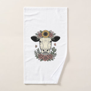 Floral Cow Head Vintage Engraving Design_1 Hand Towel