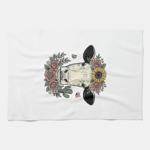 Floral Cow Head Vintage Engraving Design_1 Tea Towel