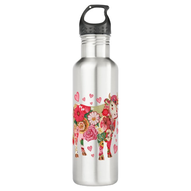 Floral Cow Png, Cute Cow Design Png 710 Ml Water Bottle (Front)