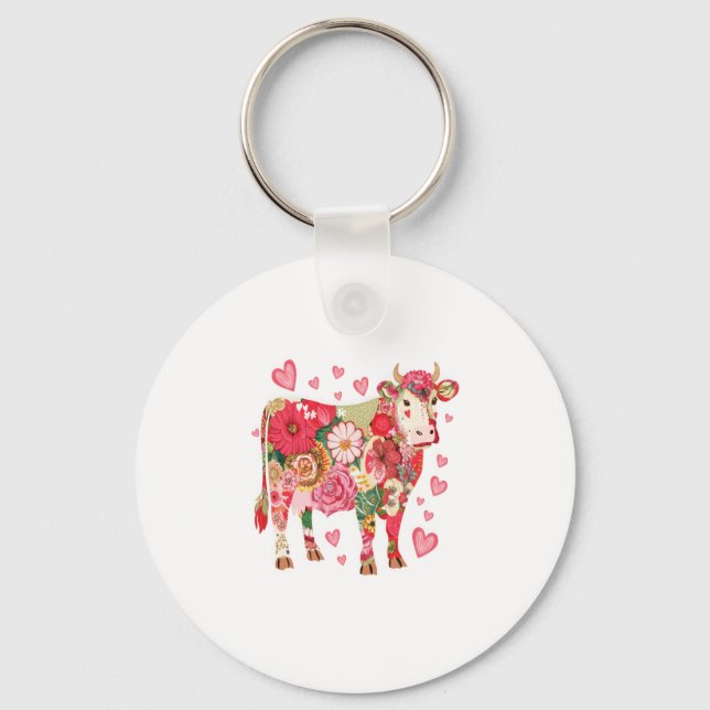 Floral Cow Png, Cute Cow Design Png Key Ring (Front)