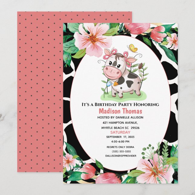 Floral Cow Print Girls Birthday Party Invitation (Front/Back)