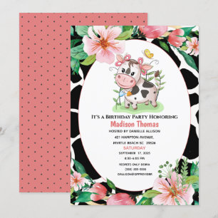 Floral Cow Print Girls Birthday Party Invitation