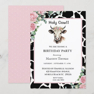 Floral Cow Print Girls Birthday Party Invitation