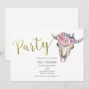Floral Cow Skull Gold Boho PARTY Invitation