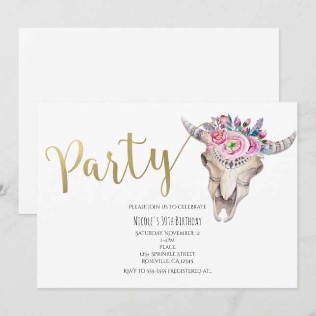 Floral Cow Skull Gold Boho PARTY Invitation (Front/Back)