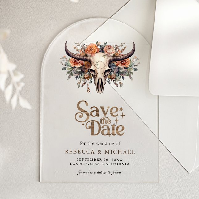 Floral Cow Skull Western Wedding Save the Date Acrylic Invitations (Creator Uploaded)