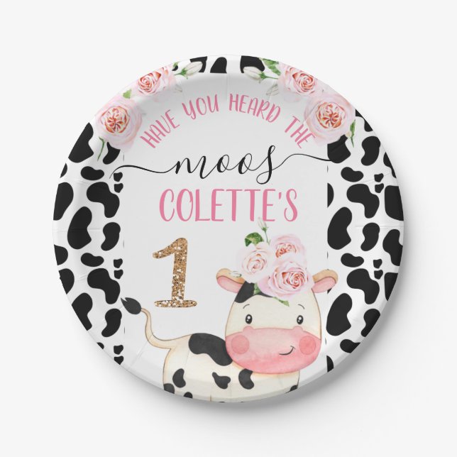 Floral Cow with Cow Print Birthday Paper Plate (Front)