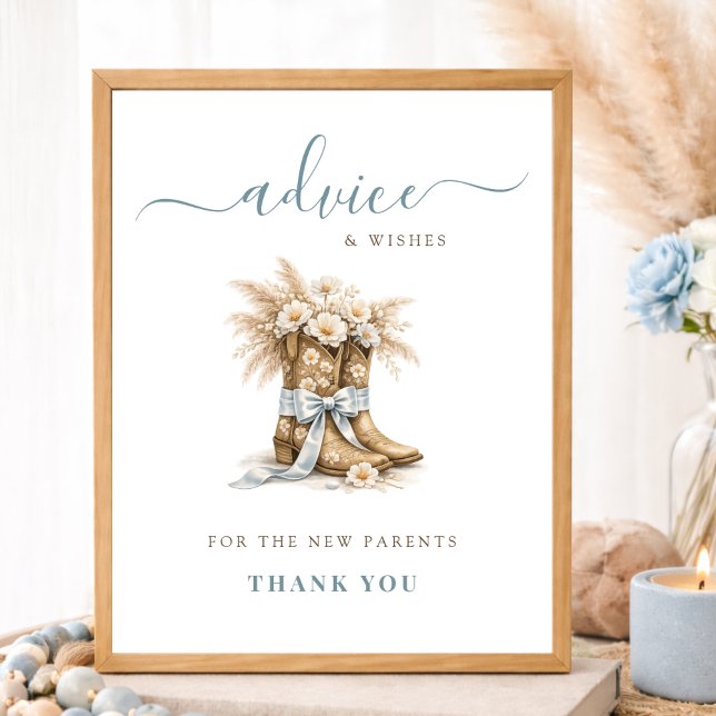 Floral Cowboy Boots & Bows Boy Baby Shower Advice Poster (Creator Uploaded)