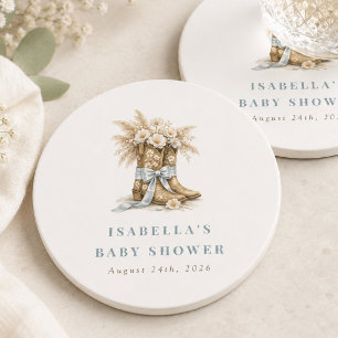 Floral Cowboy Boots Coquette Blue Bow Baby Shower Round Paper Coaster