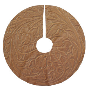 Floral cowboy western decor, tan brown leather. brushed polyester tree skirt