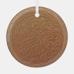 Floral cowboy western decor, tan brown leather. glass tree decoration