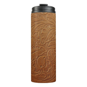 Floral cowboy western decor, tan brown leather. thermal tumbler