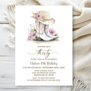 Floral Cowgirl Boots and Hat 30th Birthday Party Invitation