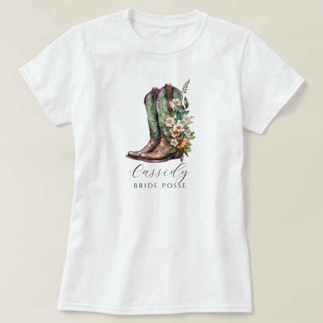 Floral Cowgirl Boots Bride Posse Custom T-Shirt (Design Front)
