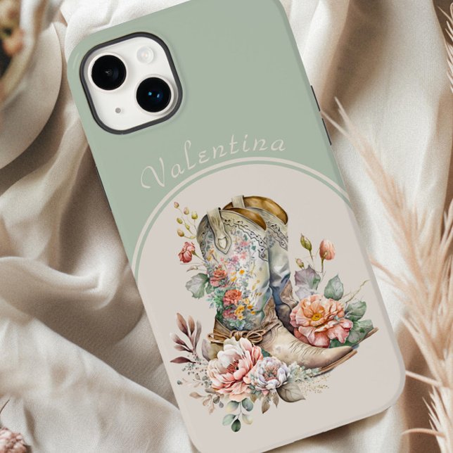 Floral Cowgirl Boots in Arch Green Personalised Case-Mate iPhone Case (Personalized iphone case with floral gowgirl boots by Darling & May)