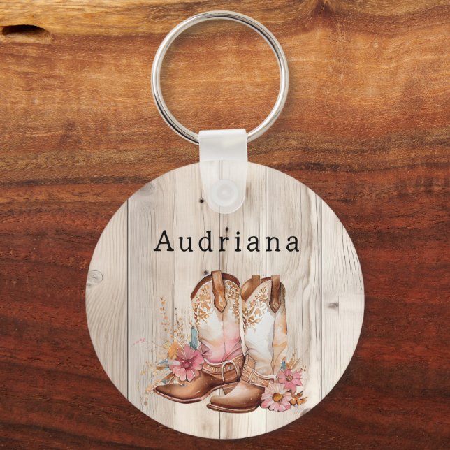 Floral Cowgirl Boots Ivory Faux Wood Personalised  Key Ring (Front)