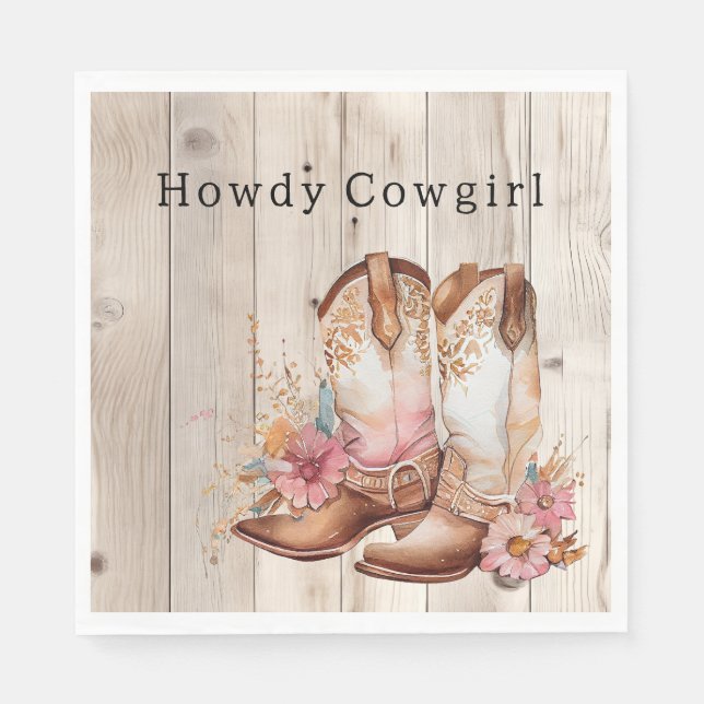 Floral Cowgirl Boots Ivory Faux Wood Personalised  Napkin (Front)