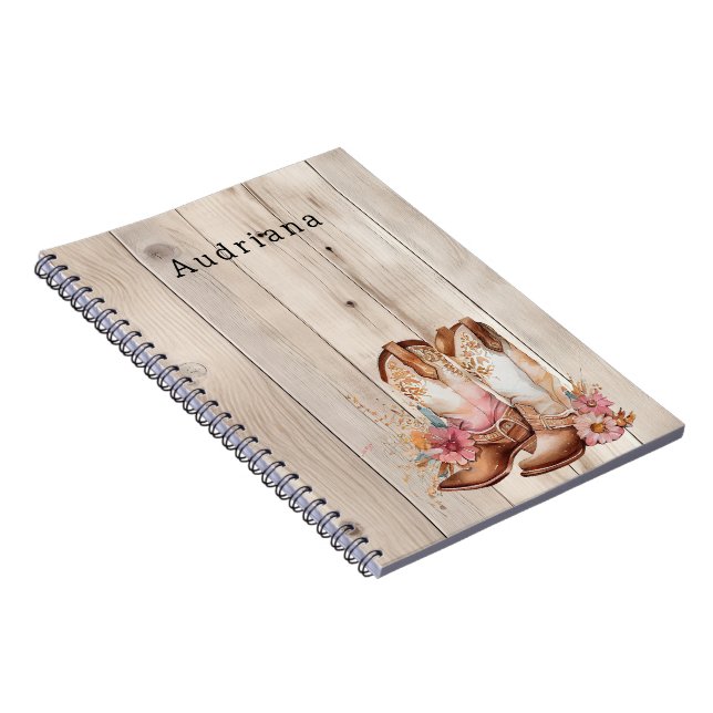 Floral Cowgirl Boots Ivory Faux Wood Personalised  Notebook (Right Side)
