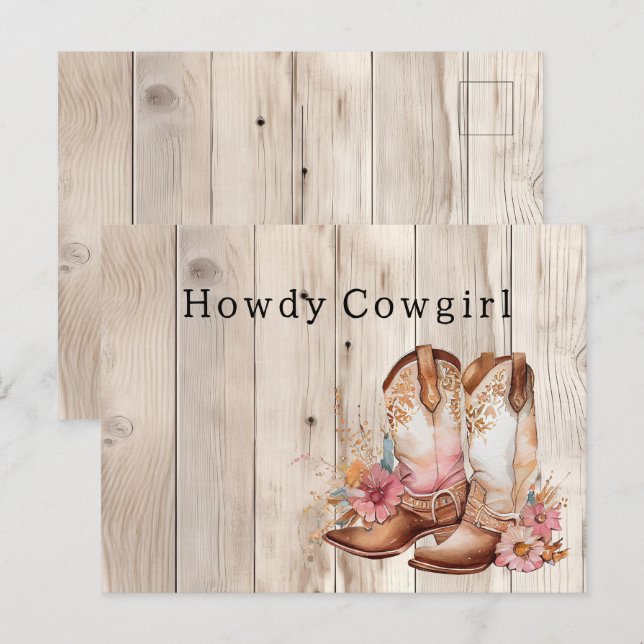Floral Cowgirl Boots Ivory Faux Wood Personalised  Postcard (Front/Back)