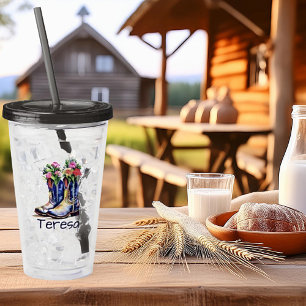 Floral cowgirl boots personalised acrylic tumbler