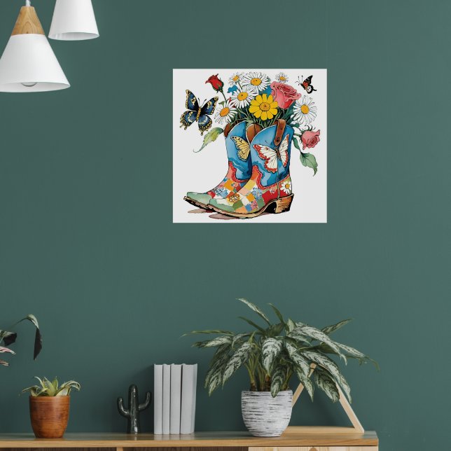 Floral Cowgirl Boots with Daisies & Butterflies Poster (Living Room 1)
