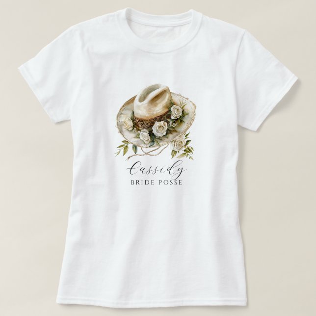 Floral Cowgirl Hat Bride Posse Floral Horseshoe T-Shirt (Design Front)