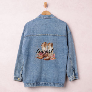 Floral Cowgirl Western Cowboy Boots Denim Jacket
