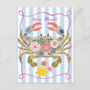 Floral Crab and stripes moved house postcard