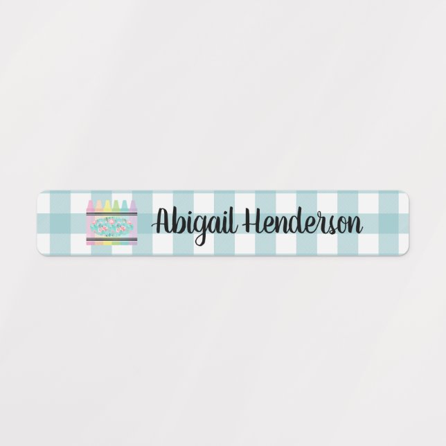 Floral Crayon Aqua Blue Plaid Name Labels (Design 1)