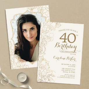 Floral Cream Gold Photo 40th Birthday Party Invitation