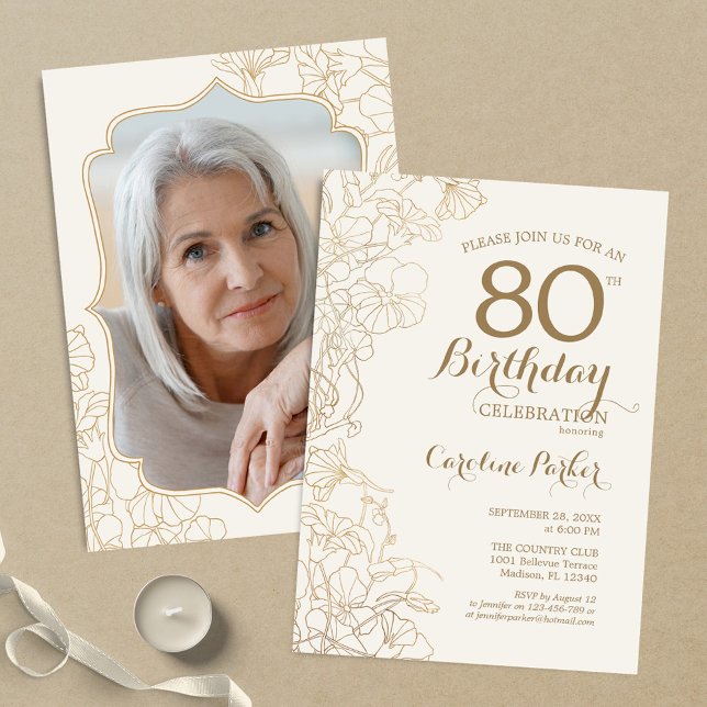 Floral Cream Gold Photo 80th Birthday Party Invitation (Creator Uploaded)