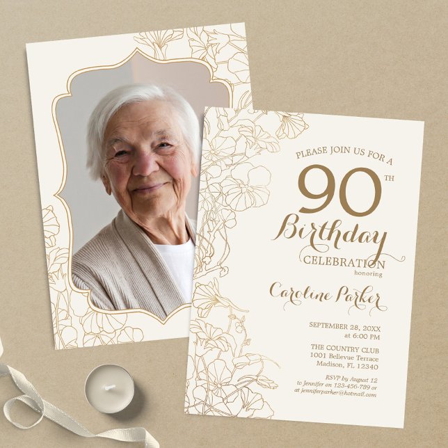 Floral Cream Gold Photo 90th Birthday Party Invitation (Creator Uploaded)