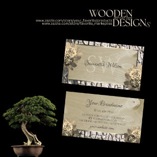 Floral Cream Roses Wood Grain Tree Bark Monogram Business Card