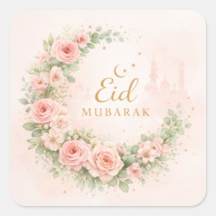 Floral Crescent Eid Mubarak Stickers– Soft Pink & Square Sticker