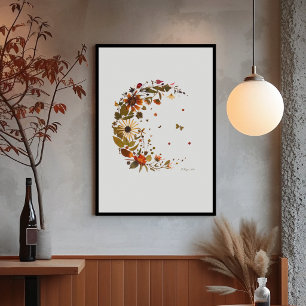 Floral Crescent Moon l Pressed Flower Artwork Poster