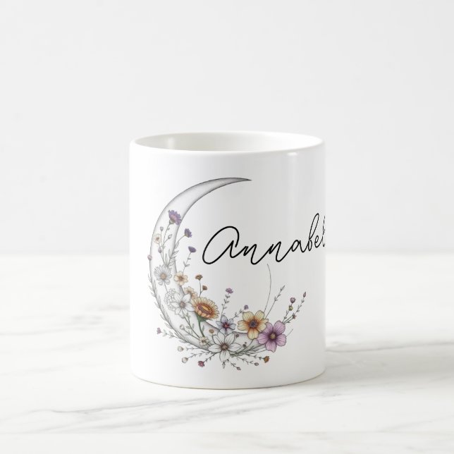 Floral Crescent Moon Personalised Celestial Art Coffee Mug (Center)