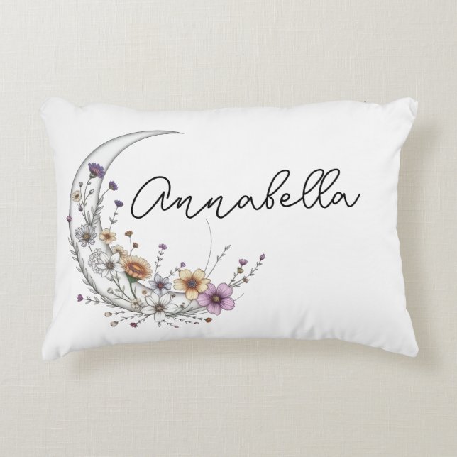 Floral Crescent Moon Personalised Celestial Art Decorative Cushion (Front)