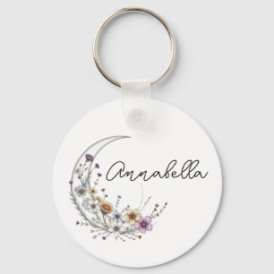 Floral Crescent Moon Personalised Celestial Art Key Ring