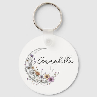 Floral Crescent Moon Personalised Celestial Art Key Ring